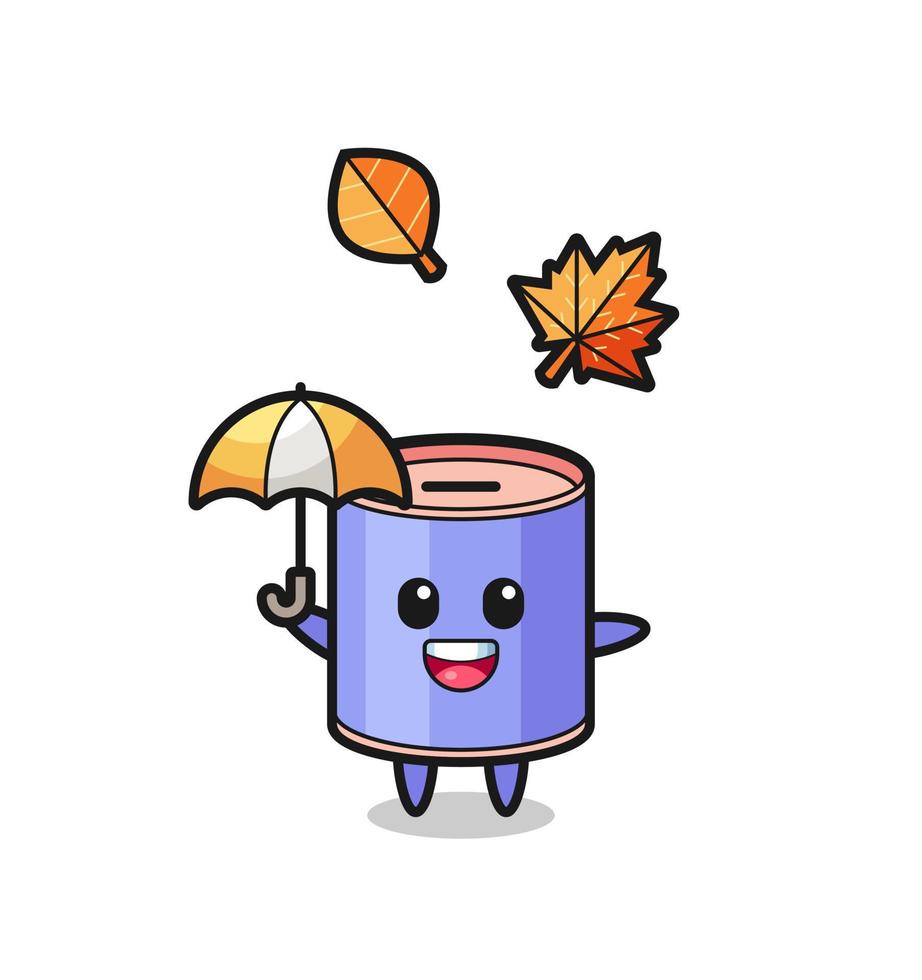 cartoon of the cute cylinder piggy bank holding an umbrella in autumn vector