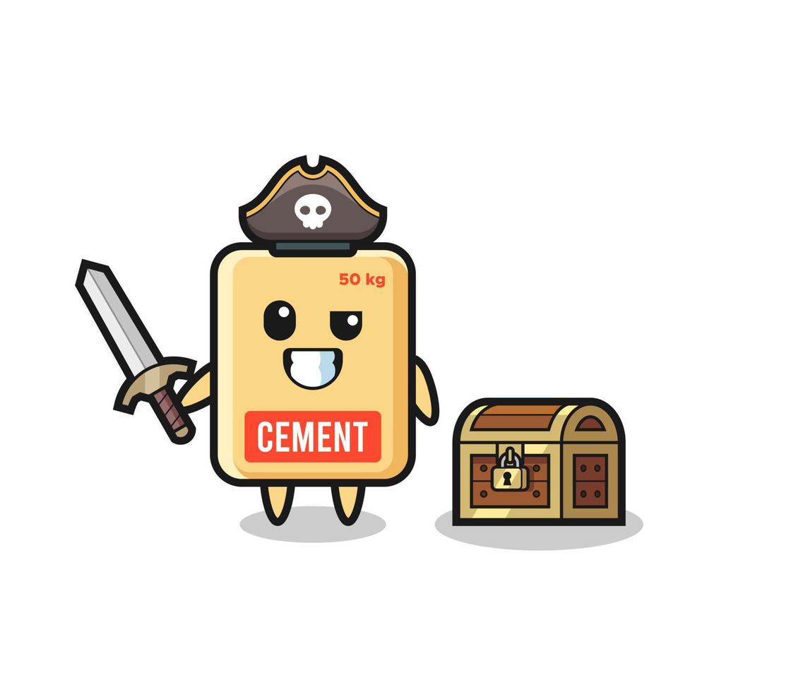 el personaje pirata del saco de cemento que sostiene la espada al lado de una caja del tesoro vector