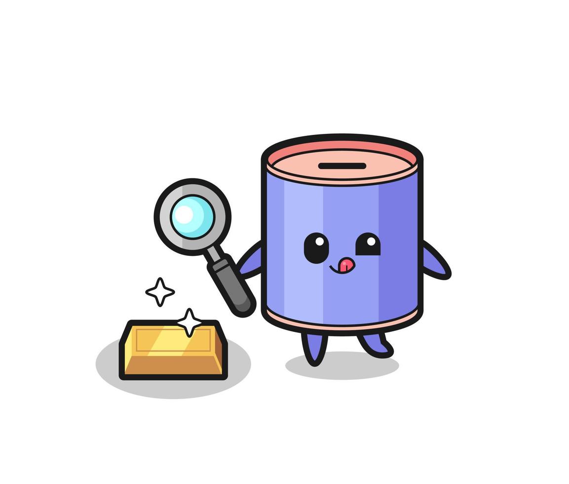 cylinder piggy bank character is checking the authenticity of the gold bullion vector