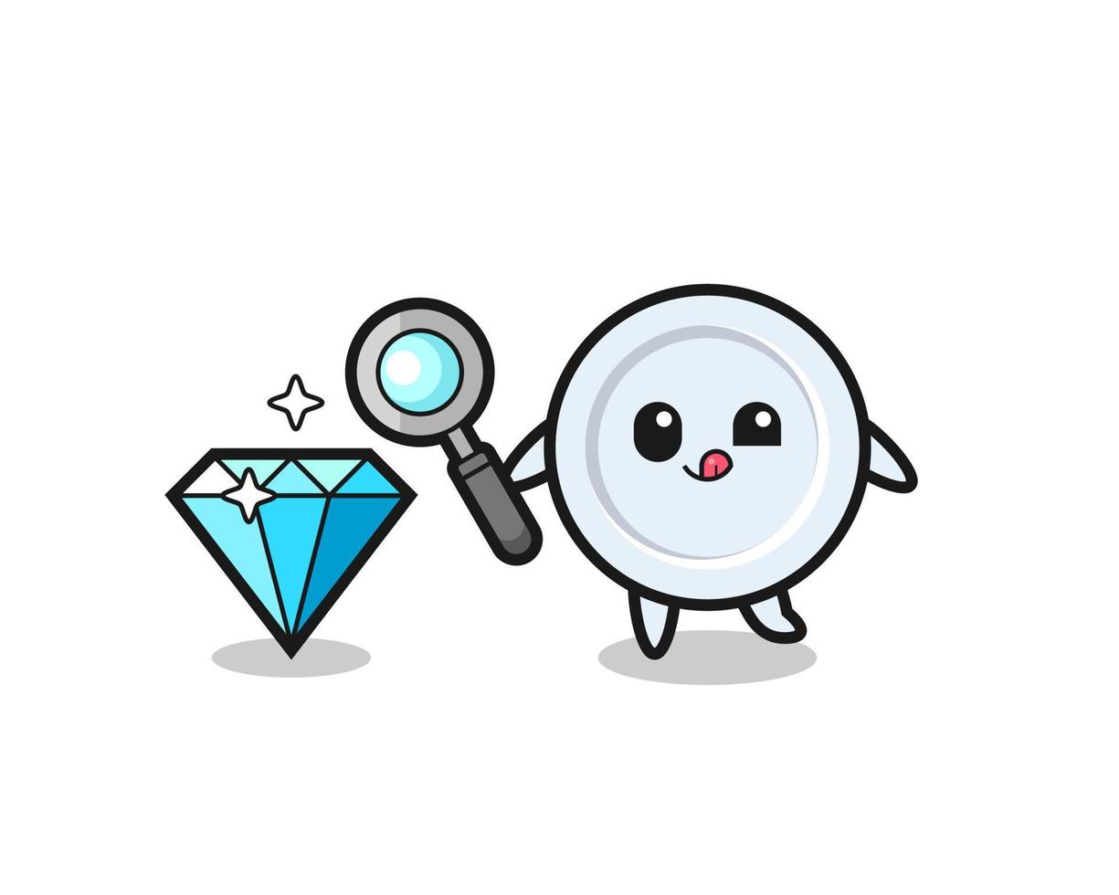 la mascota de la placa está comprobando la autenticidad de un diamante vector