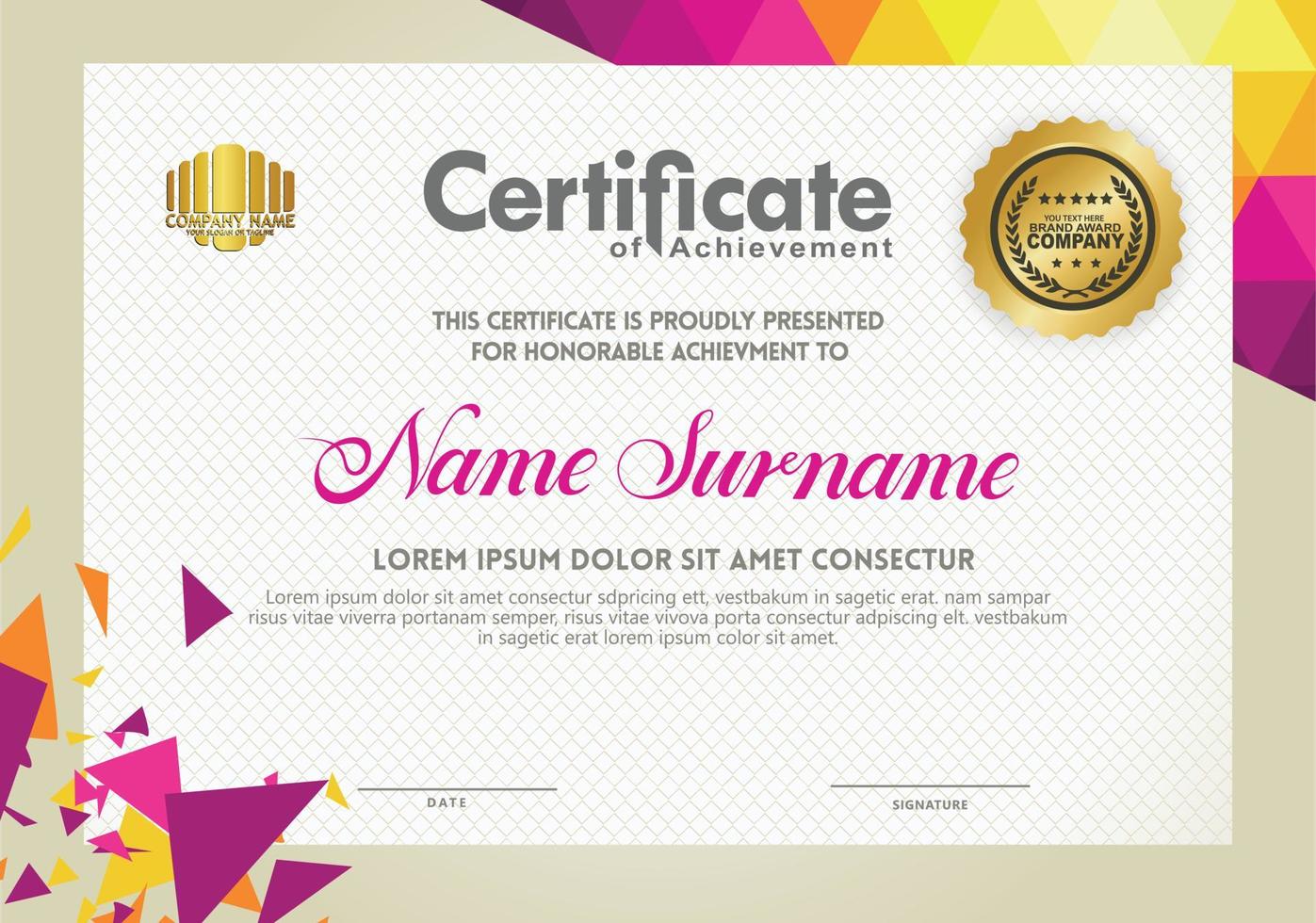 Horizontal certificate template with triangle geometric polygonal background, vector