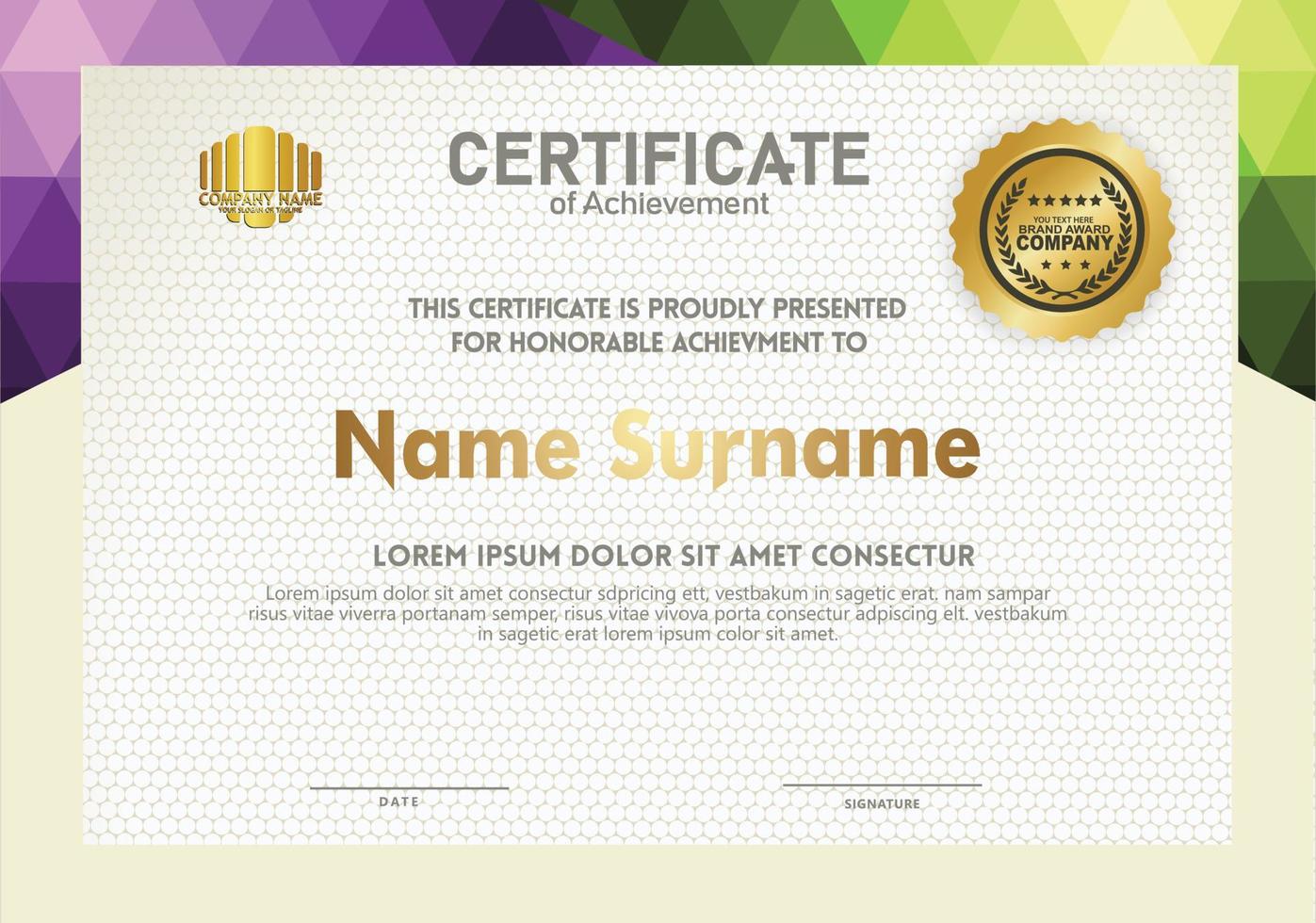 Horizontal certificate template with triangle geometric polygonal background, vector