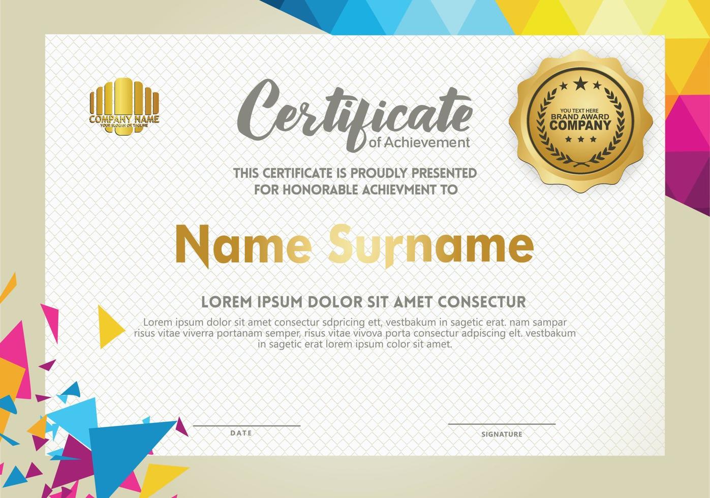 Horizontal certificate template with triangle geometric polygonal background, vector