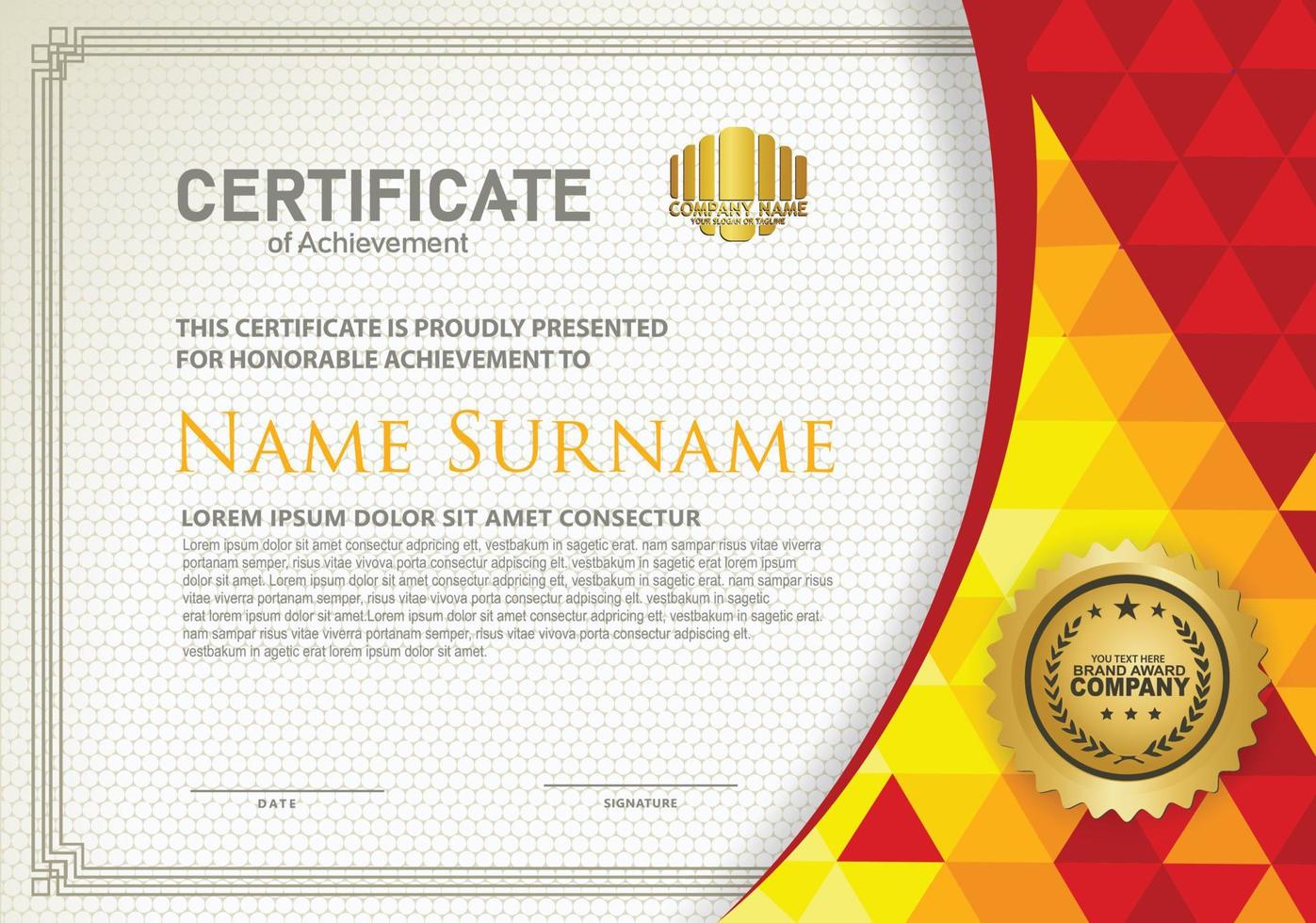 Horizontal certificate template with triangle geometric polygonal background, vector