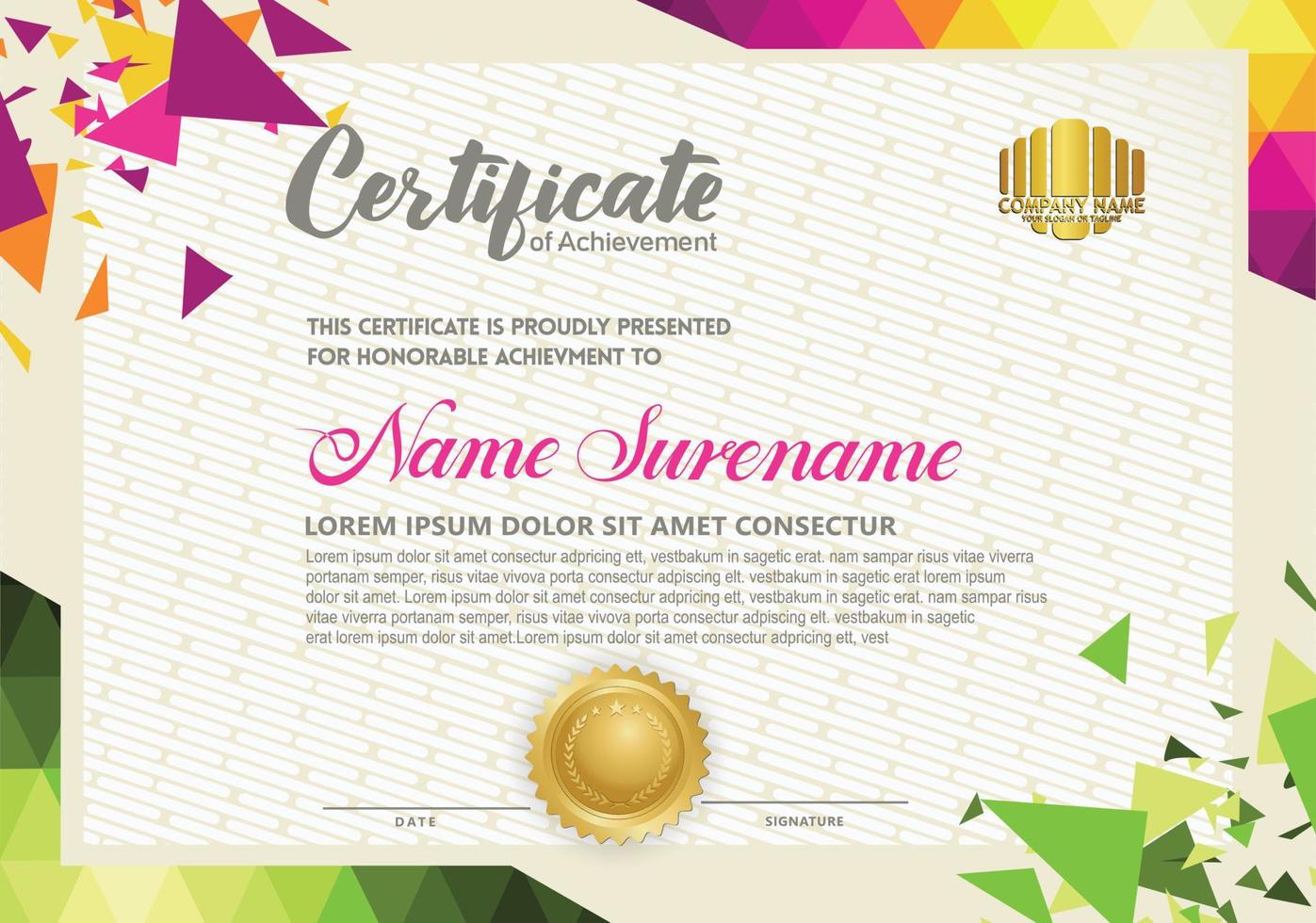 Horizontal certificate template with triangle geometric polygonal background, vector