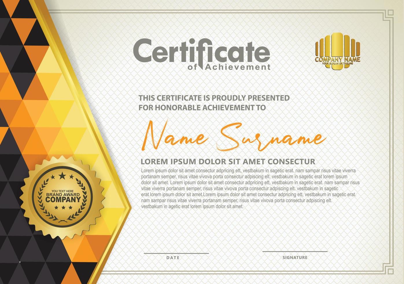 Horizontal certificate template with triangle geometric polygonal background, vector