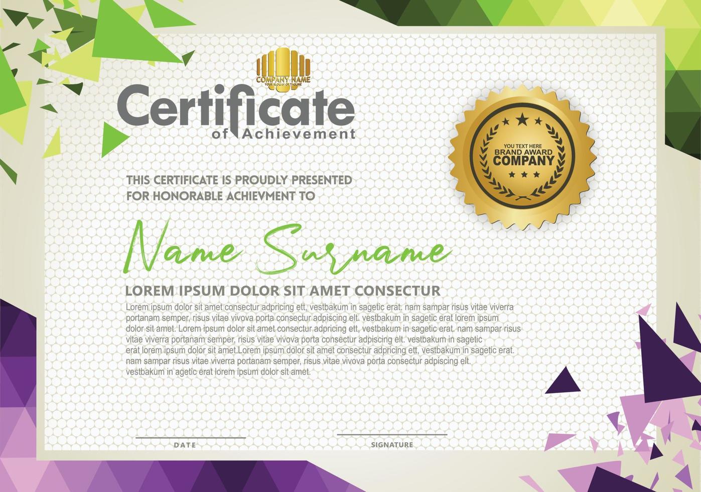Horizontal certificate template with triangle geometric polygonal background, vector