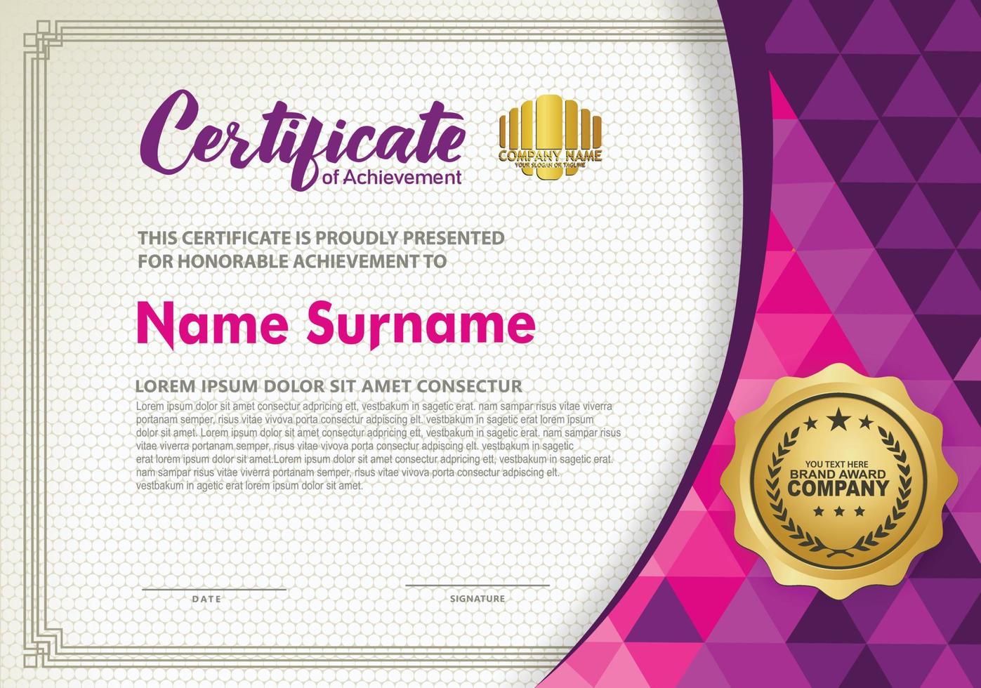 Horizontal certificate template with triangle geometric polygonal background, vector