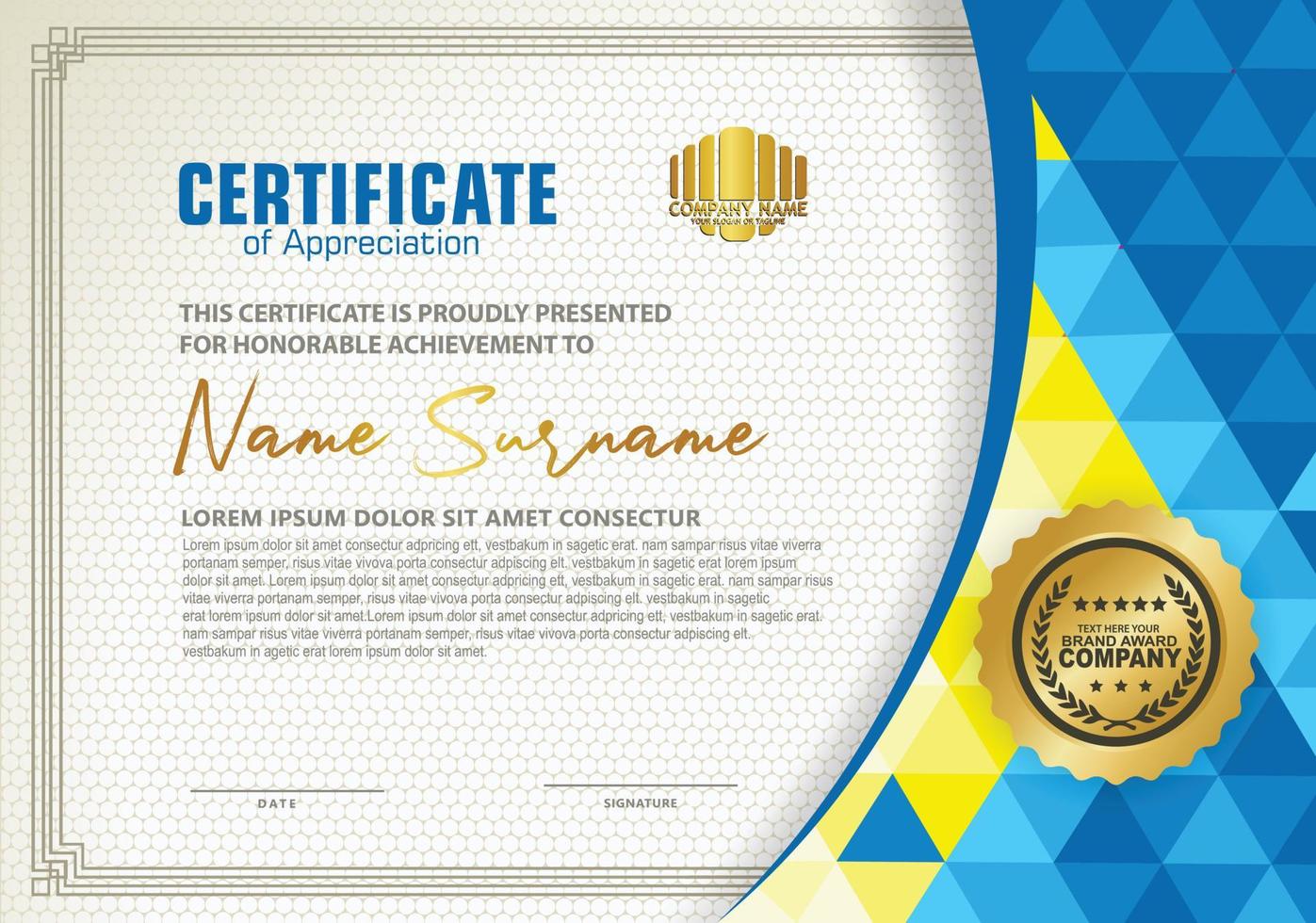 Horizontal certificate template with triangle geometric polygonal background, vector