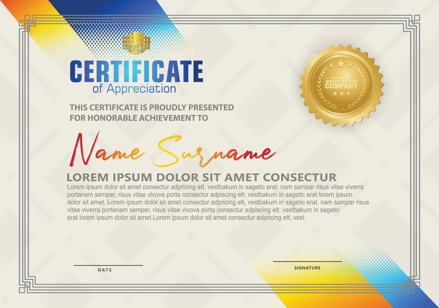 Modern certificate template with diagonal halftone ornament on background. vector illustration