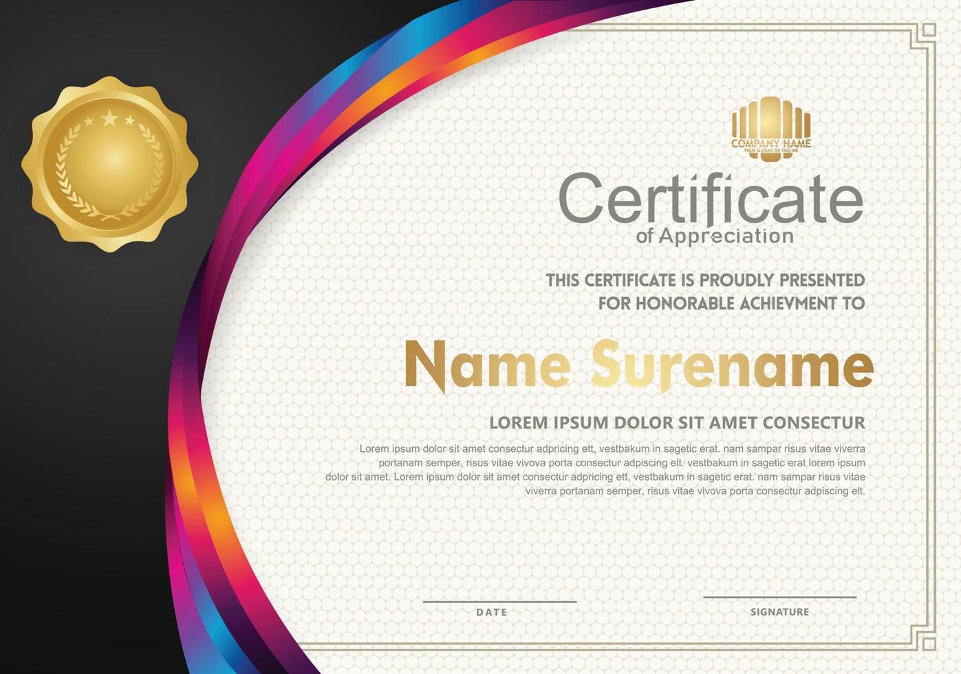 Elegant and futuristic certificate template with curved line shape ornament modern pattern,diploma. vector