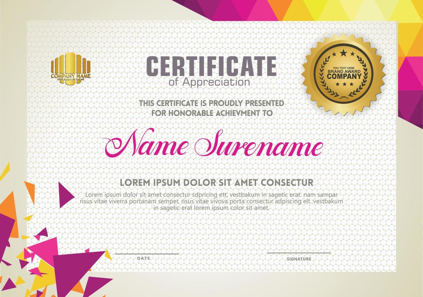 Horizontal certificate template with triangle geometric polygonal background, vector