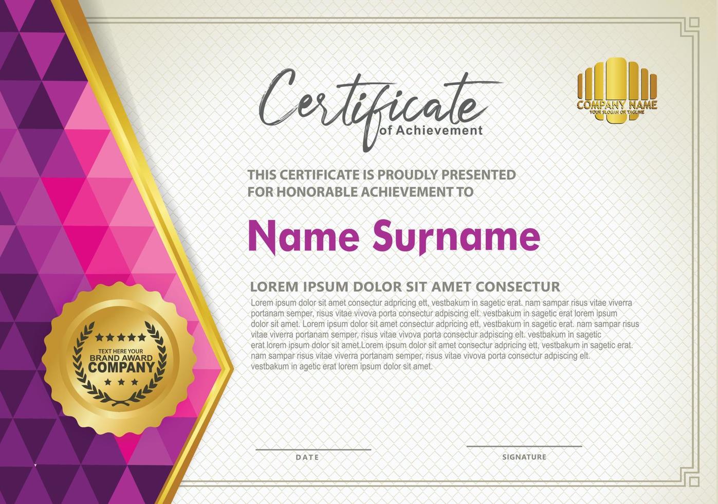 Horizontal certificate template with triangle geometric polygonal background, vector