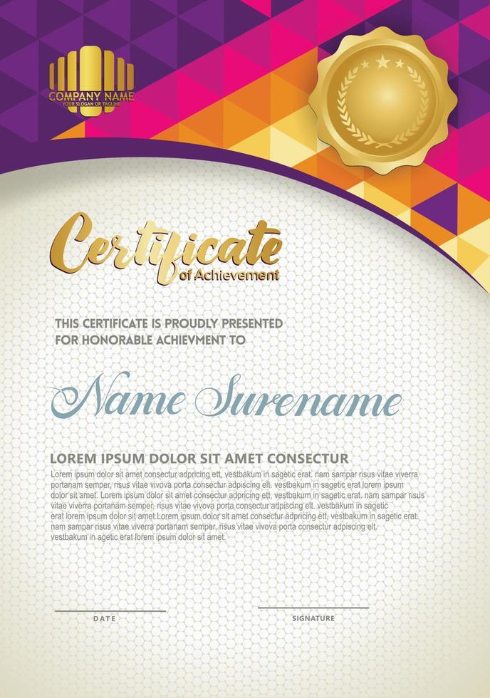 Vertical certificate template with triangle geometric polygonal background, vector