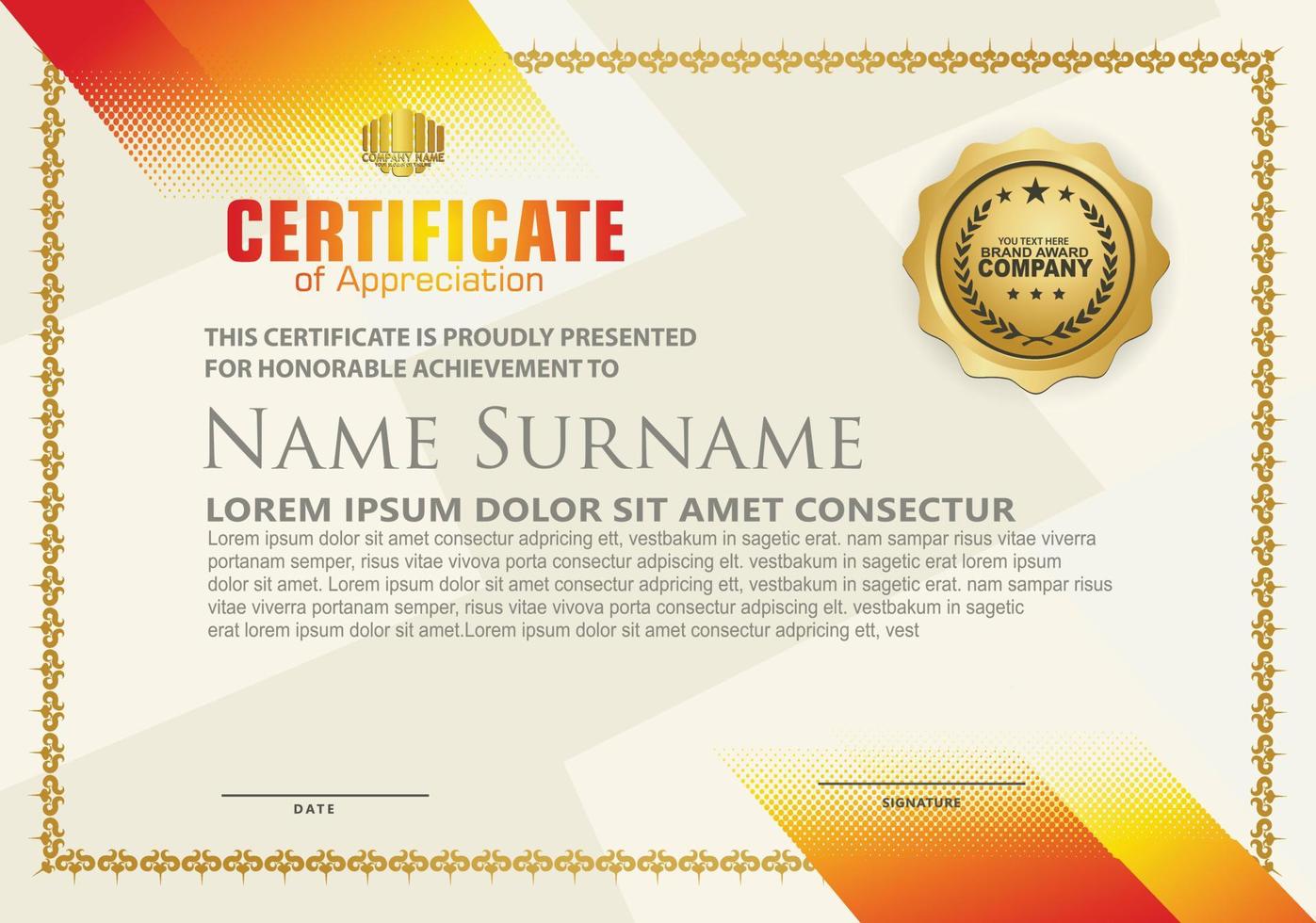 Modern certificate template with diagonal halftone ornament on background. vector illustration