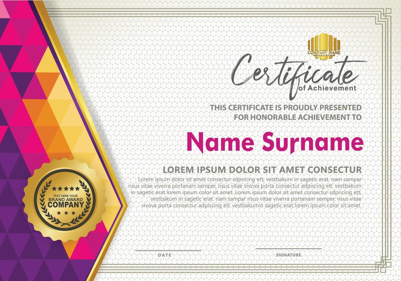 Horizontal certificate template with triangle geometric polygonal background, vector
