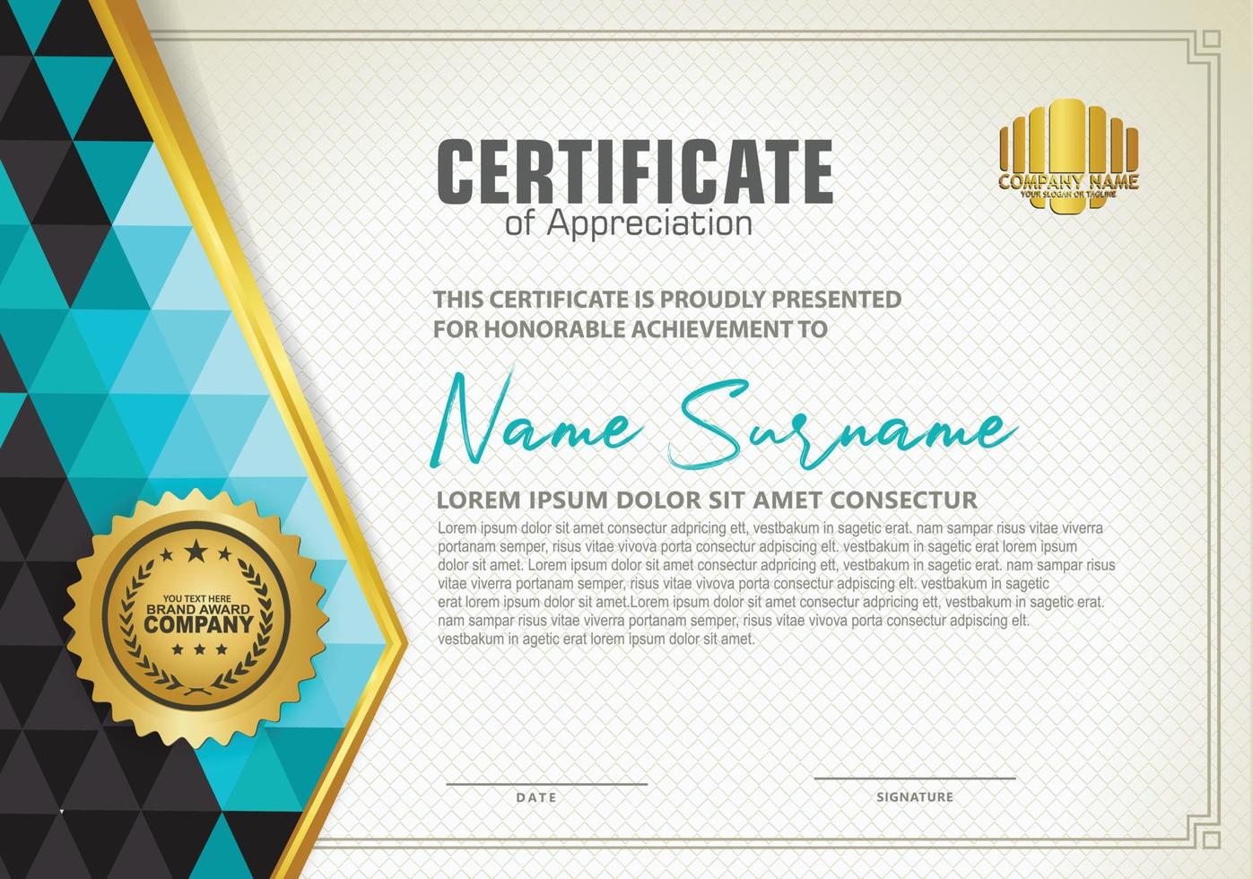 Horizontal certificate template with triangle geometric polygonal background, vector