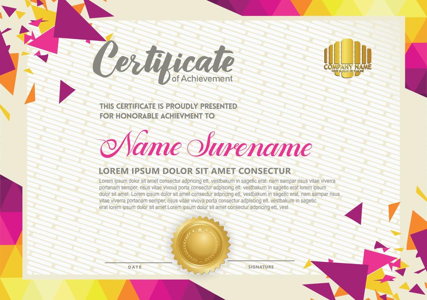 Horizontal certificate template with triangle geometric polygonal background, vector