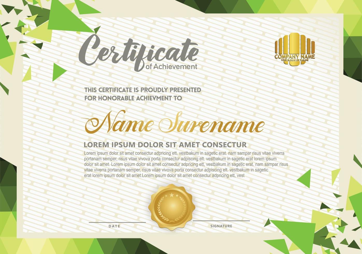 Horizontal certificate template with triangle geometric polygonal background, vector