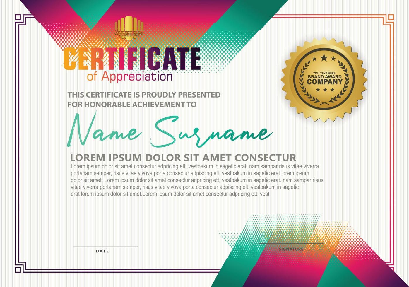 Modern certificate template with diagonal halftone ornament on background. vector illustration