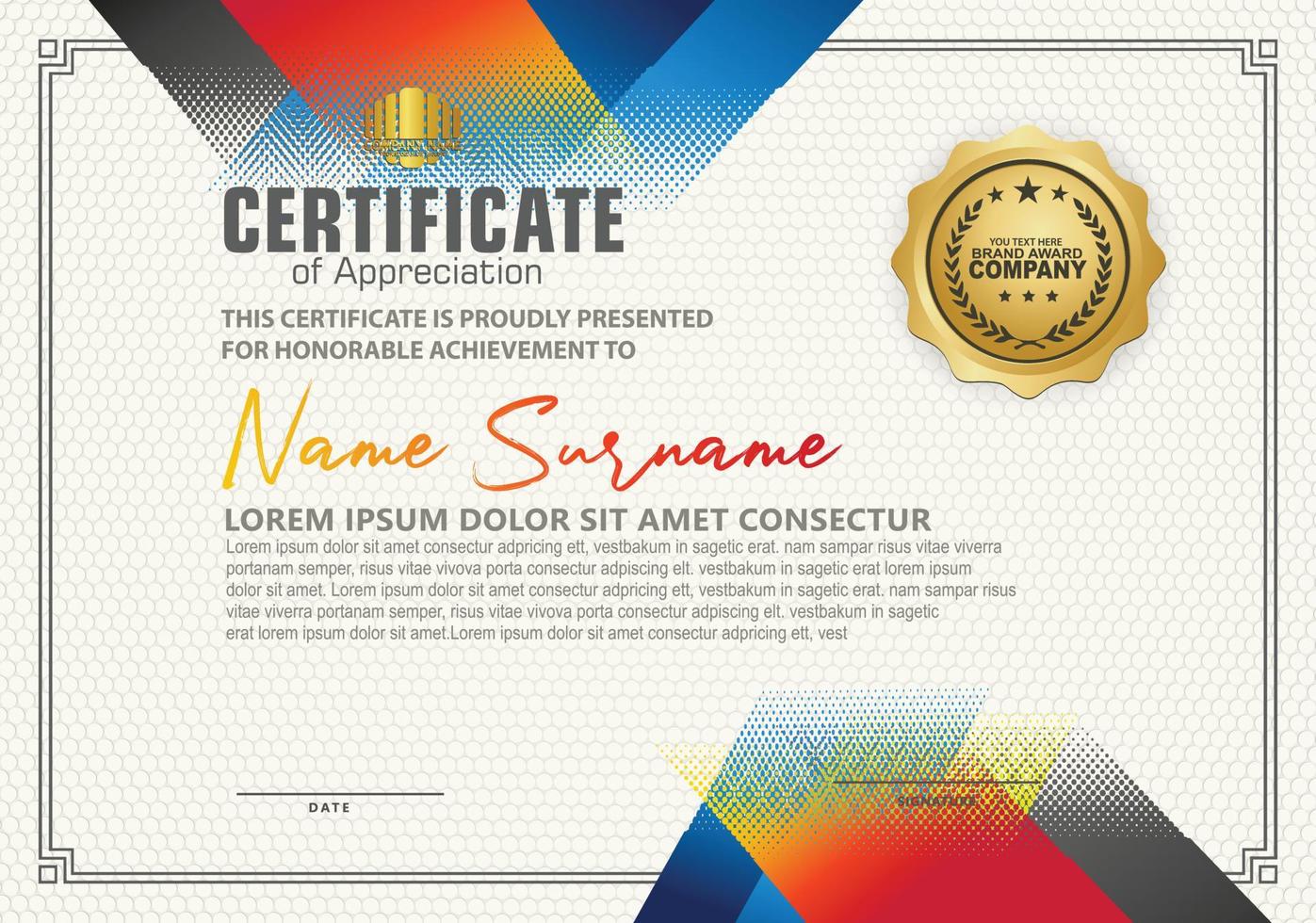 Modern certificate template with diagonal halftone ornament on background. vector illustration