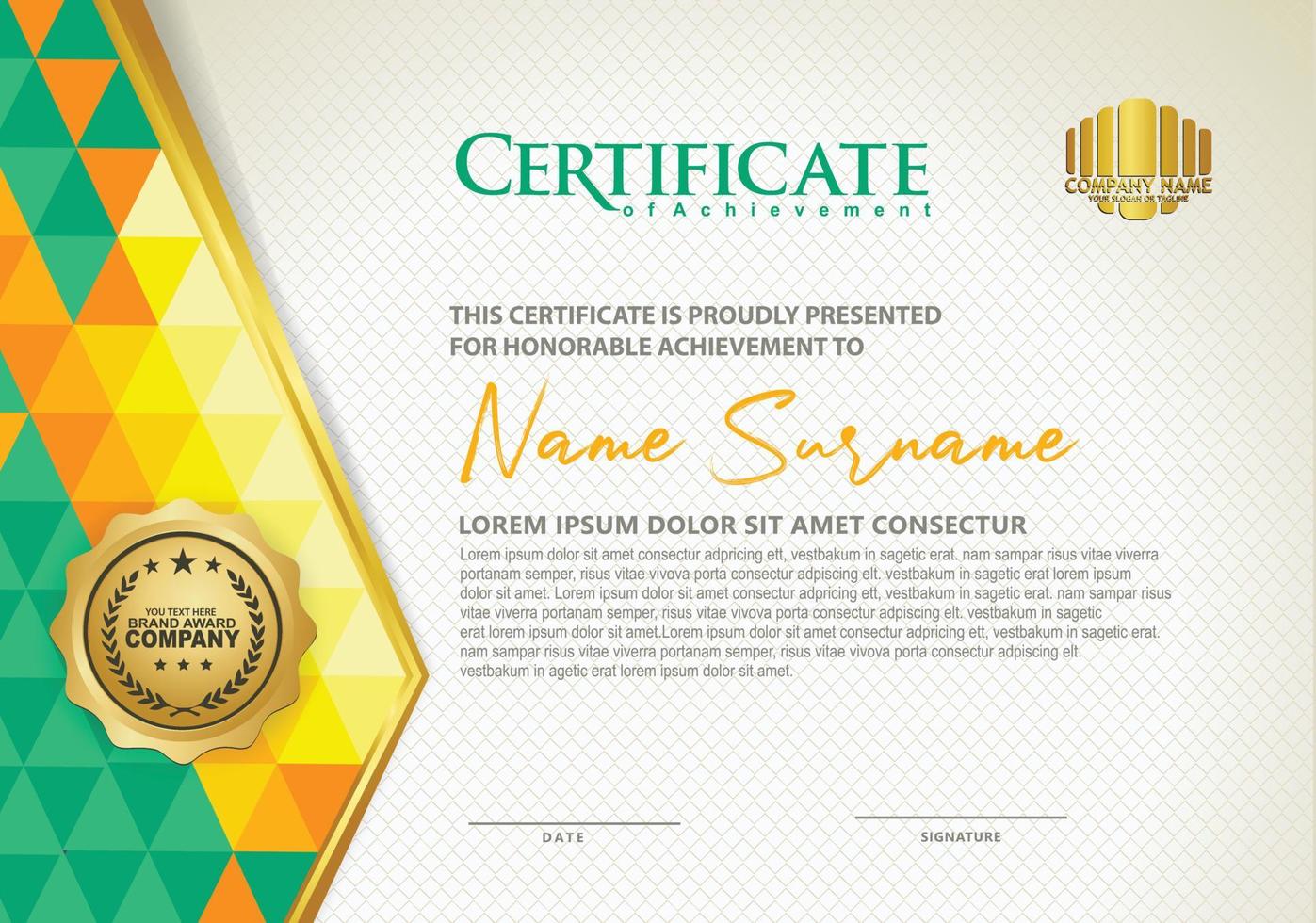 Horizontal certificate template with triangle geometric polygonal background, vector