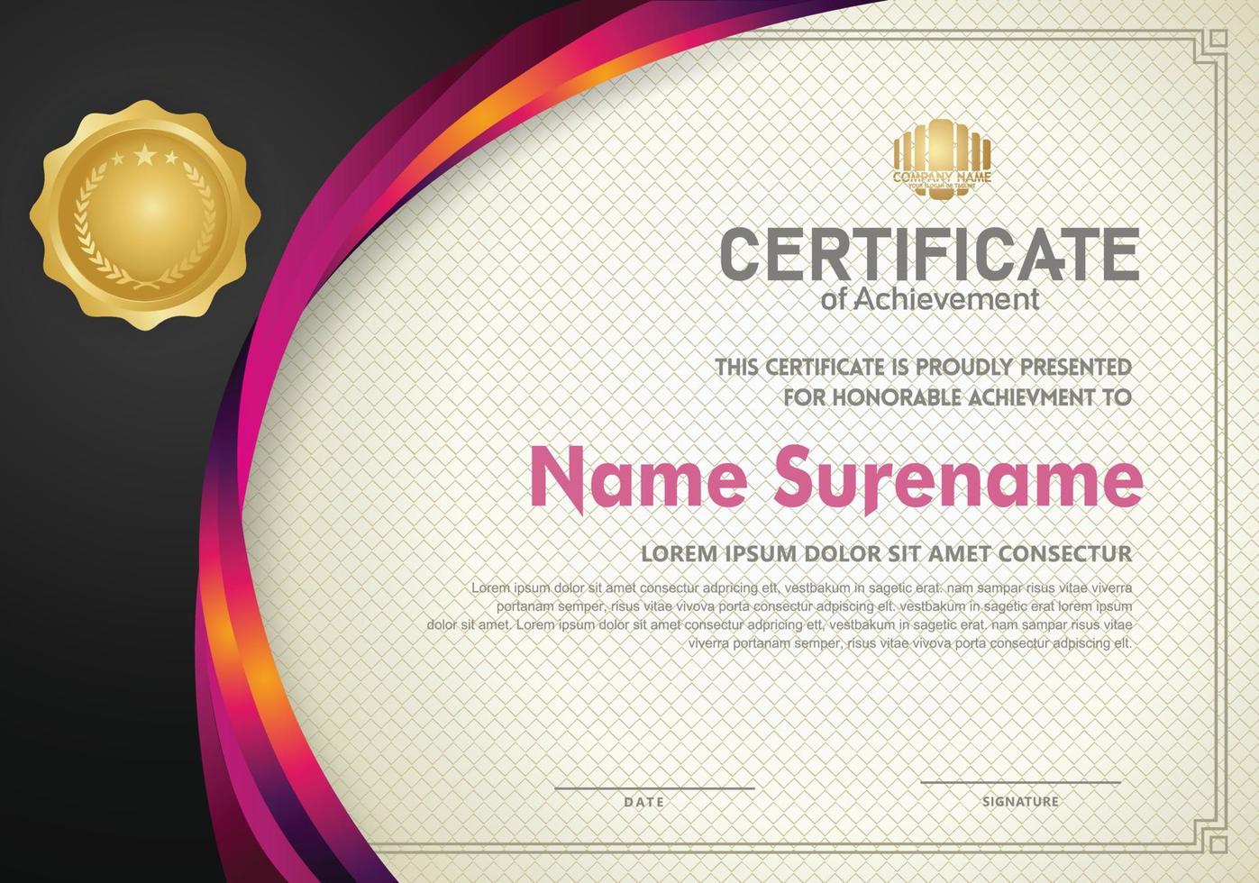 Elegant and futuristic certificate template with curved line shape ornament modern pattern,diploma. vector