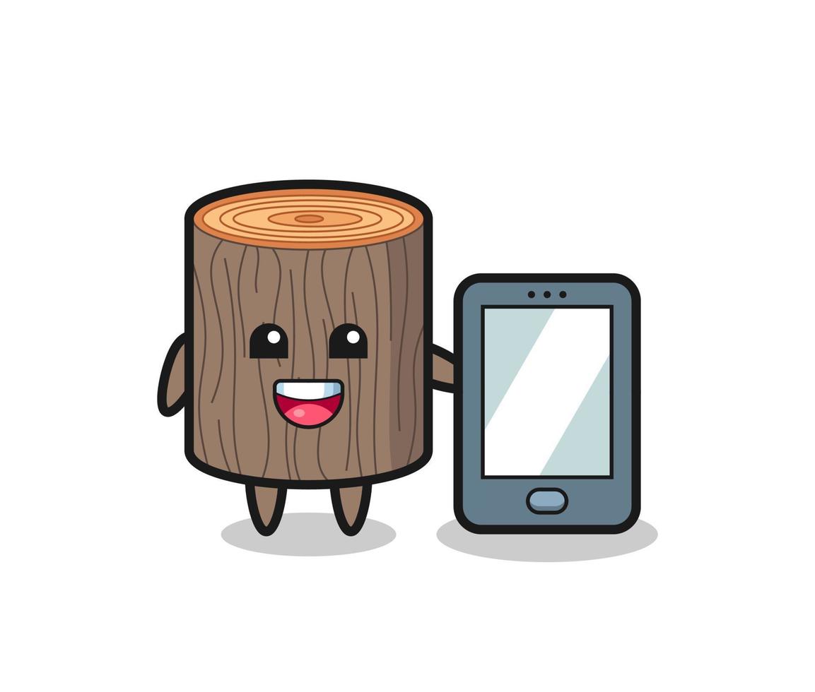 tree stump illustration cartoon holding a smartphone vector