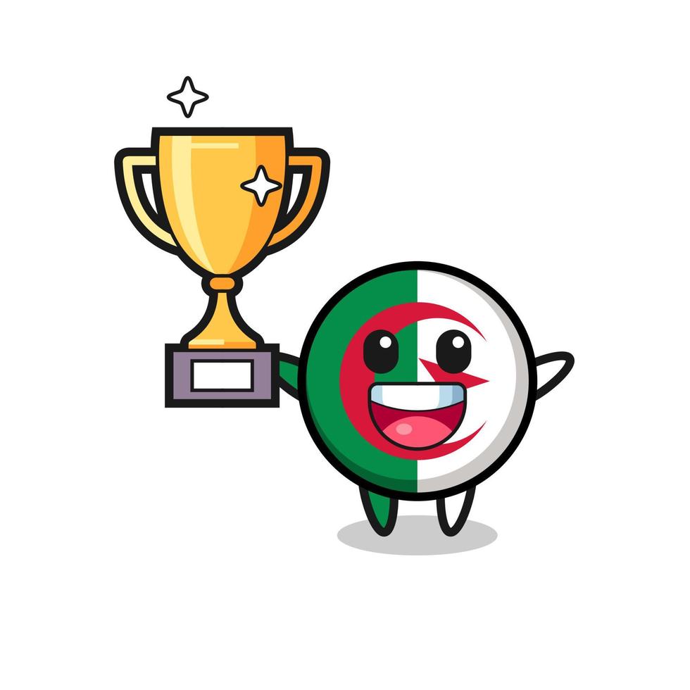 Cartoon Illustration of algeria flag is happy holding up the golden trophy vector