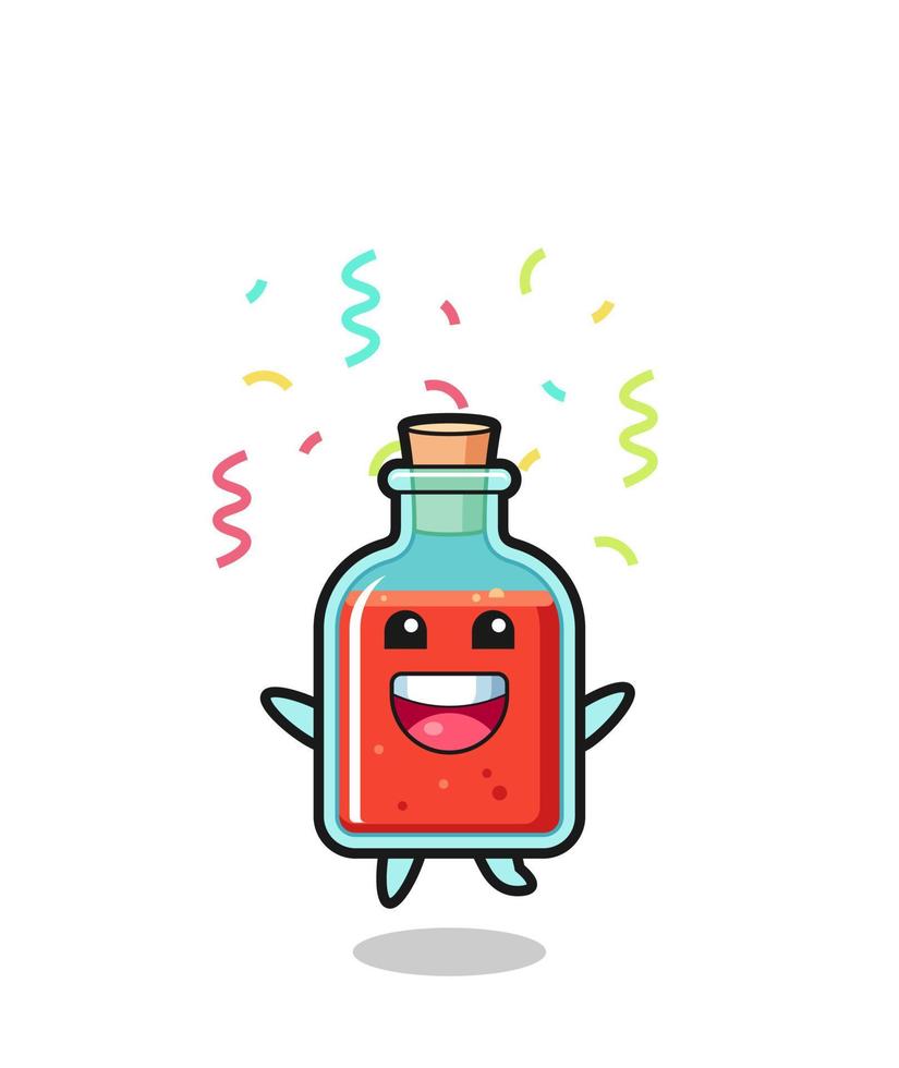 mascota de botella de veneno cuadrado feliz saltando para felicitaciones con confeti de color vector