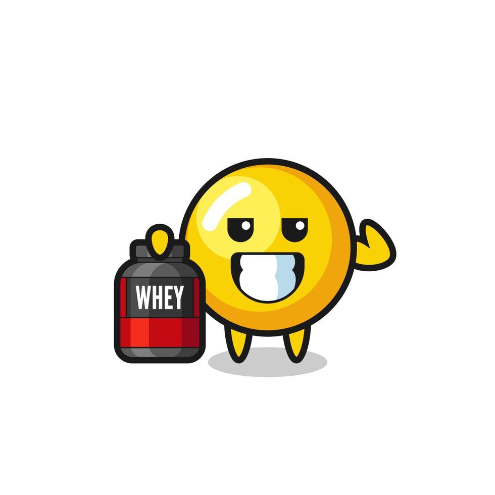 the muscular egg yolk character is holding a protein supplement vector