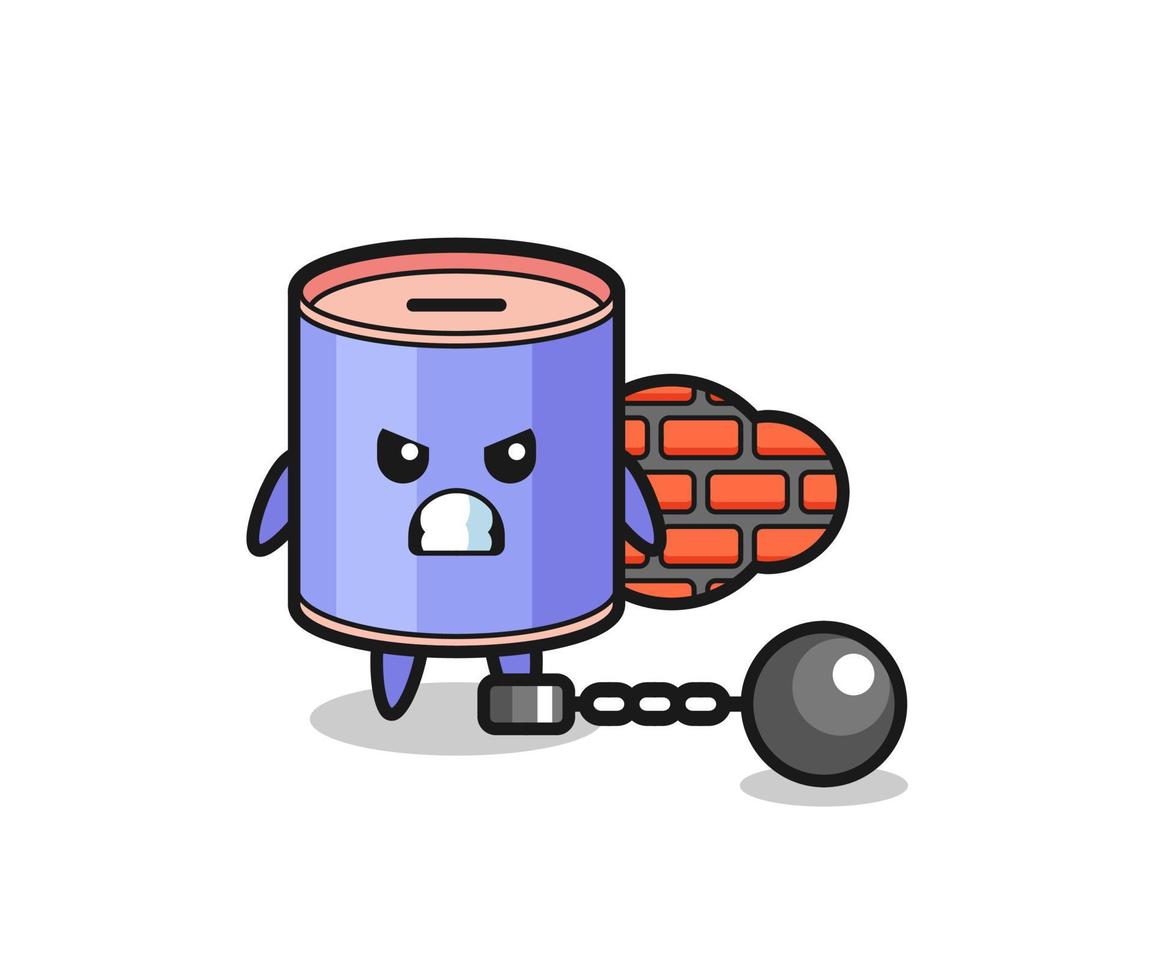 Character mascot of cylinder piggy bank as a prisoner vector