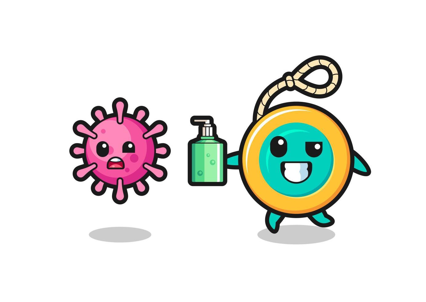 illustration of yoyo character chasing evil virus with hand sanitizer vector