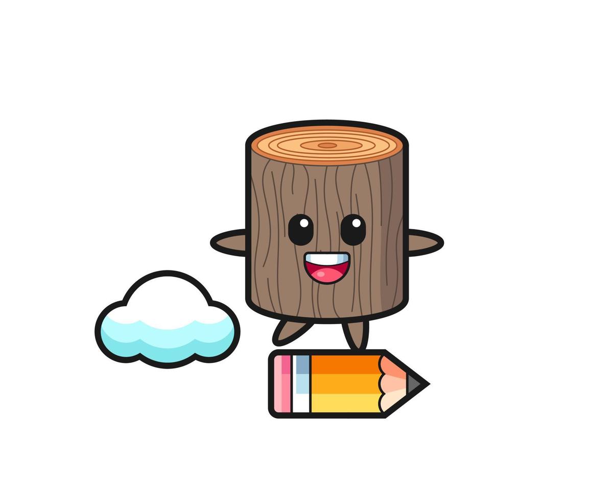 tree stump mascot illustration riding on a giant pencil vector