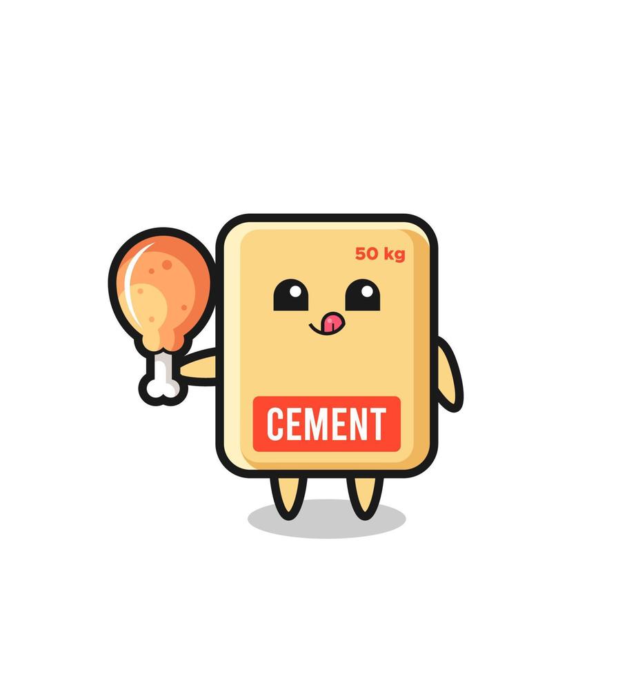 cement sack cute mascot is eating a fried chicken vector