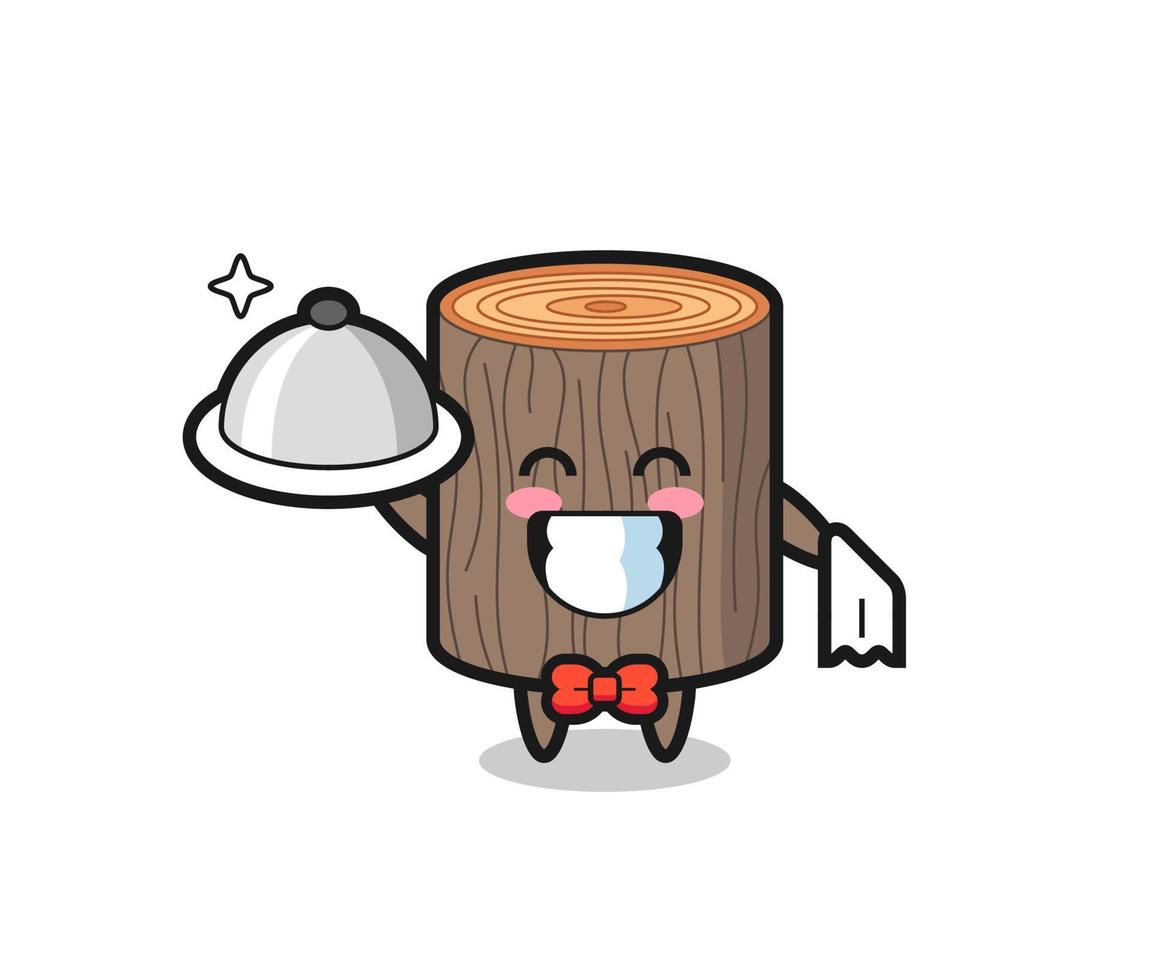 mascota de personaje de tocón de árbol como camareros vector
