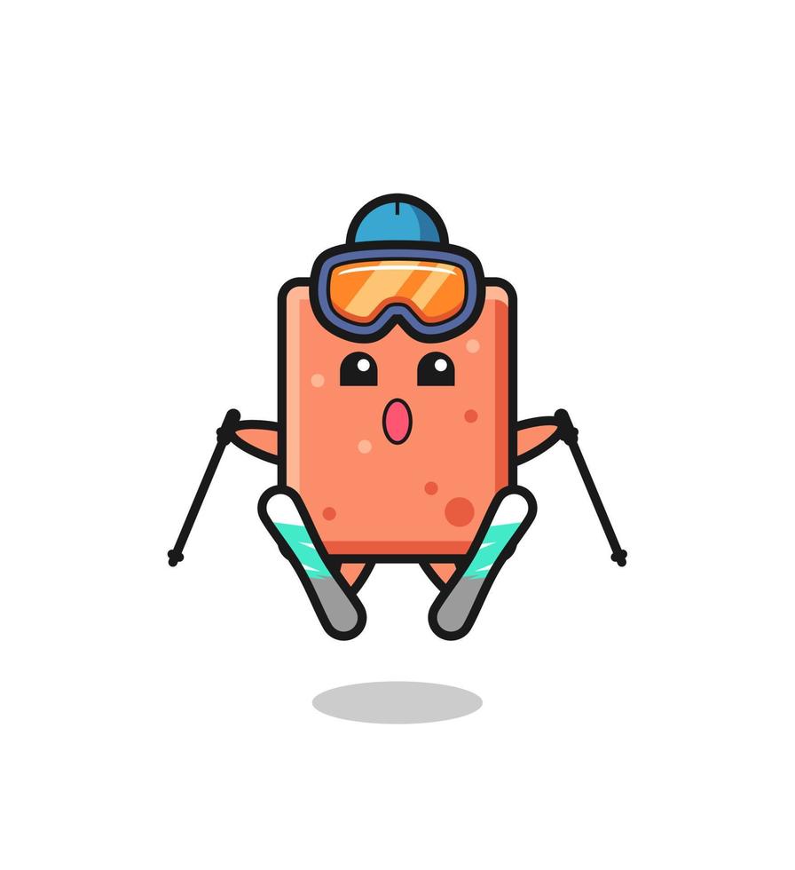 personaje de mascota de ladrillo como jugador de esquí vector