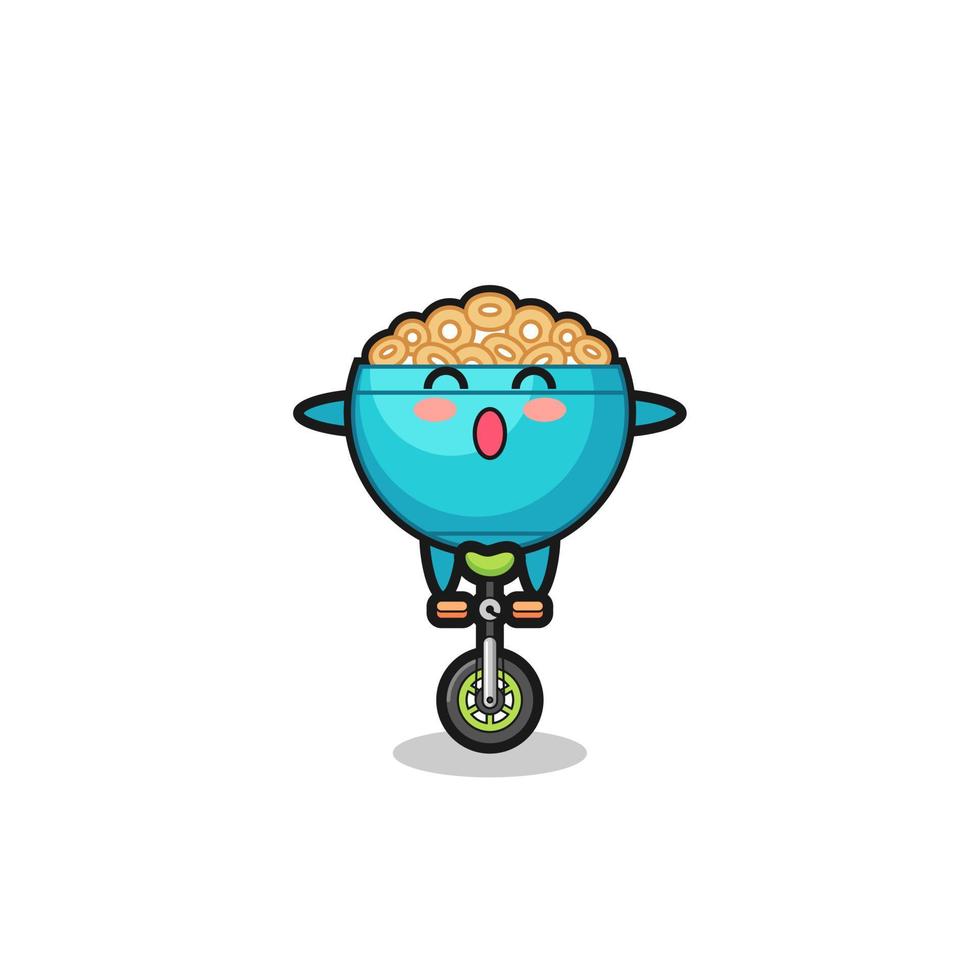 el lindo personaje del tazón de cereal está montando una bicicleta de circo vector