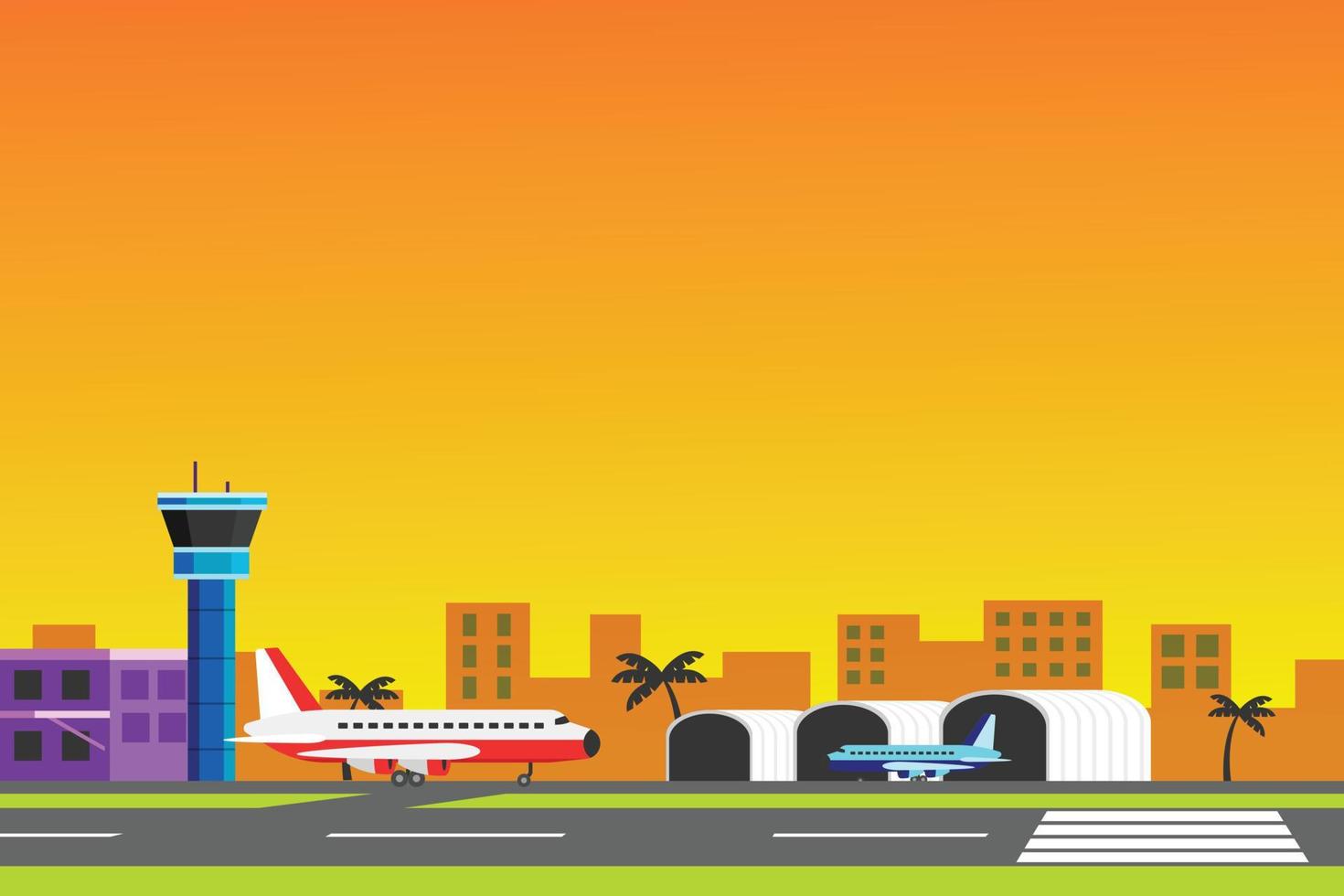 fondo colorido del aeropuerto al atardecer. plantilla de concepto de transporte con espacio vacío para su texto. ilustración vectorial de diseño plano simple. vector