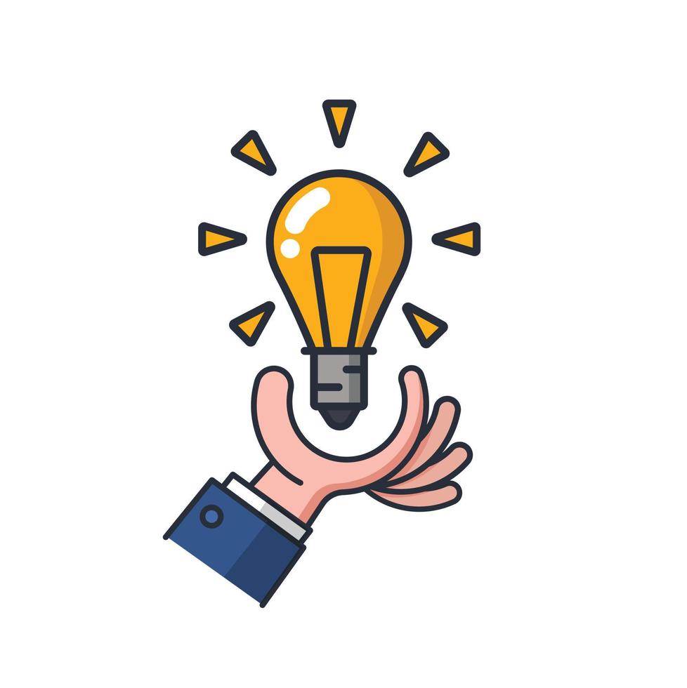 Colored thin icon of lightbulb on hand, business and finance concept vector illustration.