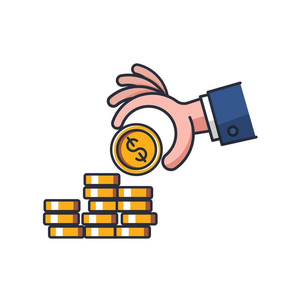 Colored thin icon of money coin stack and hand, business and finance concept vector illustration.