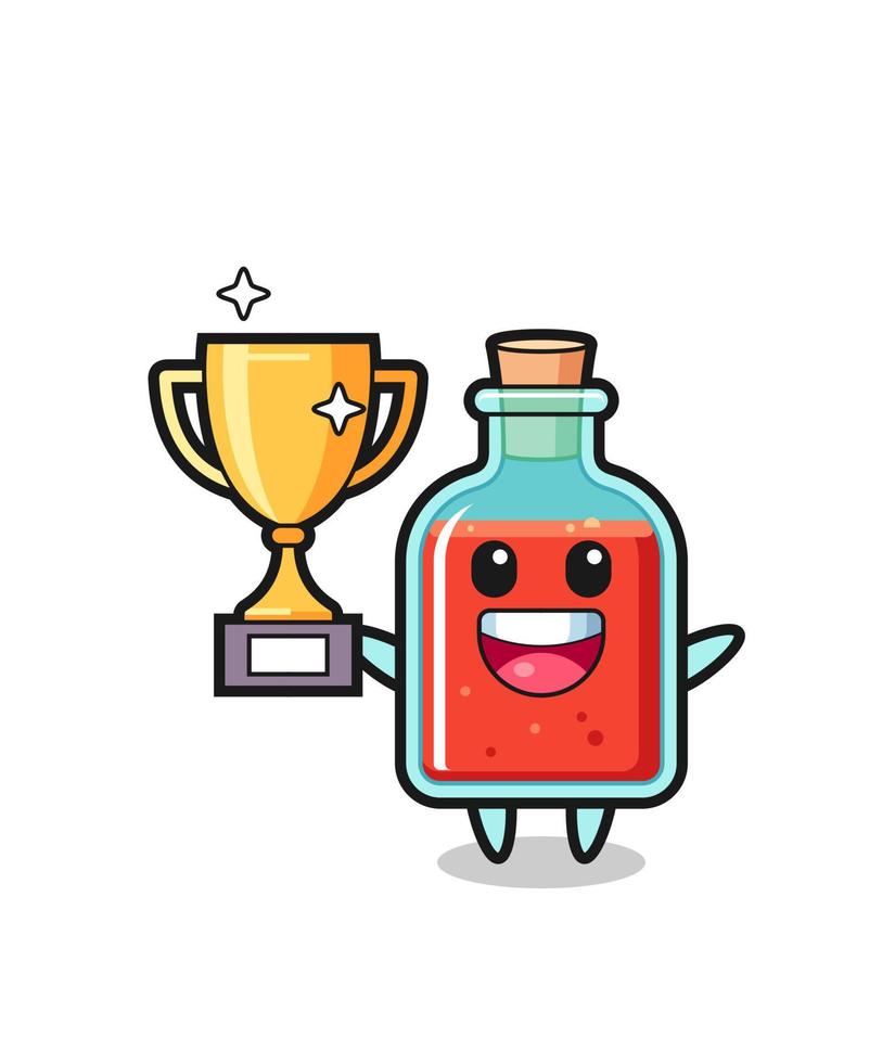 Cartoon Illustration of square poison bottle is happy holding up the golden trophy vector