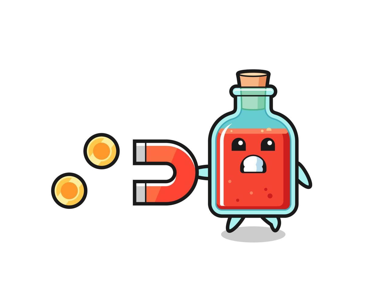 the character of square poison bottle hold a magnet to catch the gold coins vector