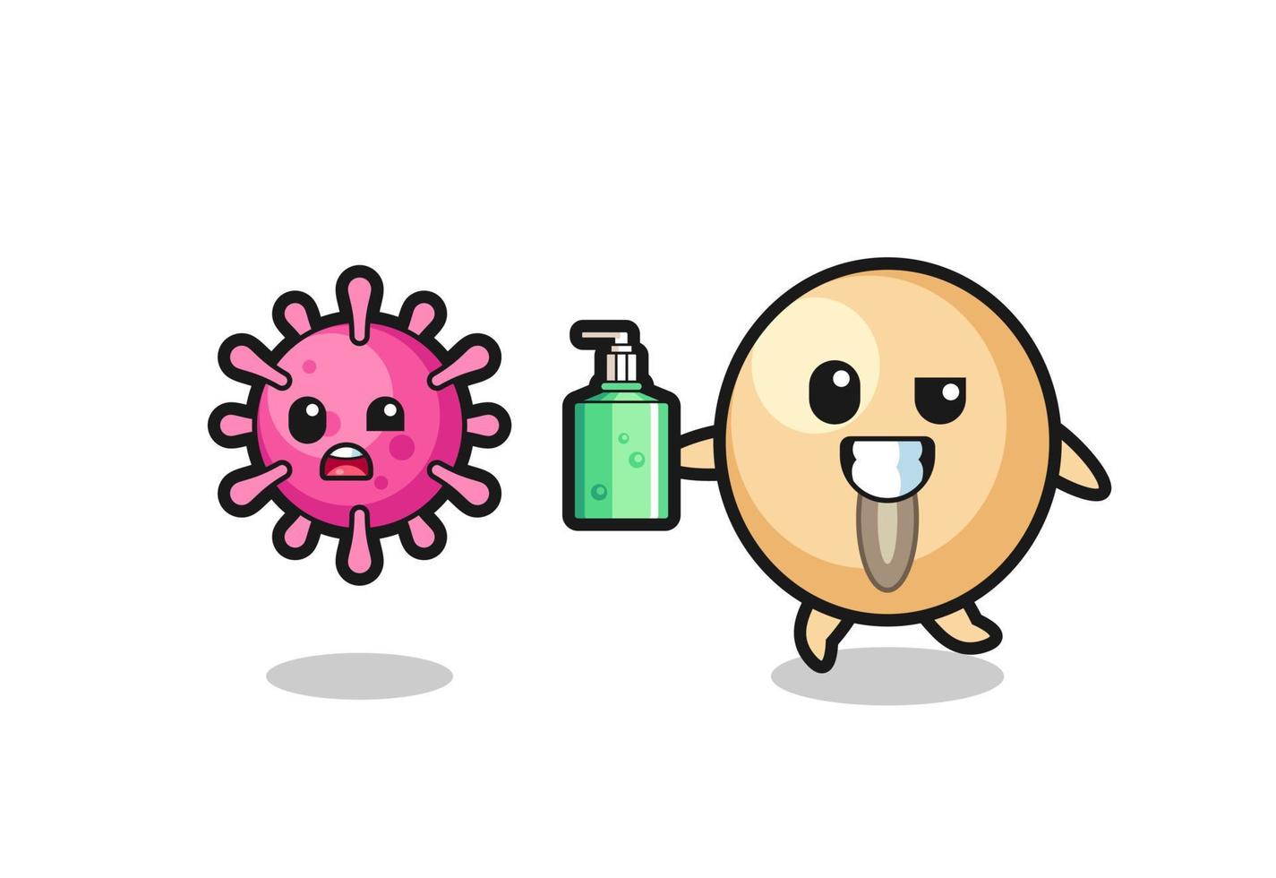 ilustración del personaje de soja persiguiendo virus malvados con desinfectante de manos vector