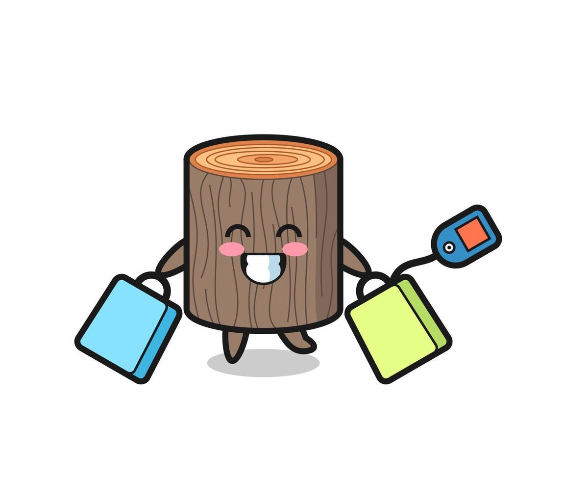 tree stump mascot cartoon holding a shopping bag vector