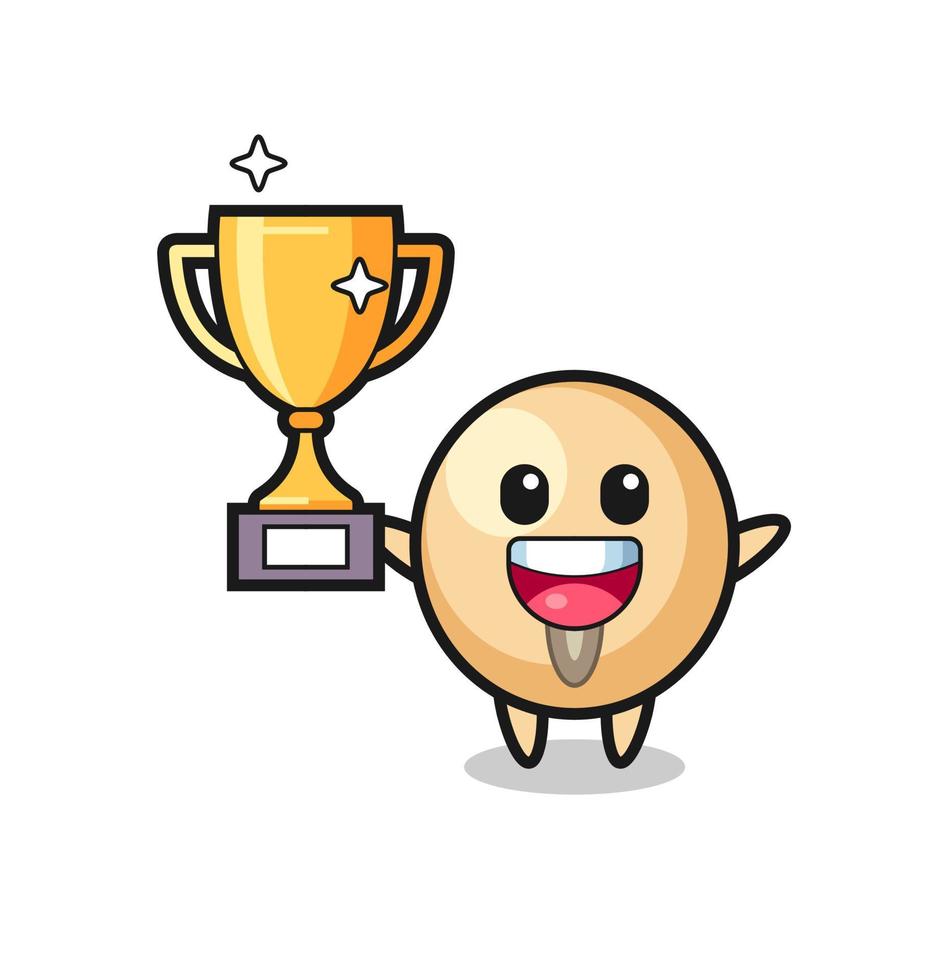 Cartoon Illustration of soy bean is happy holding up the golden trophy vector