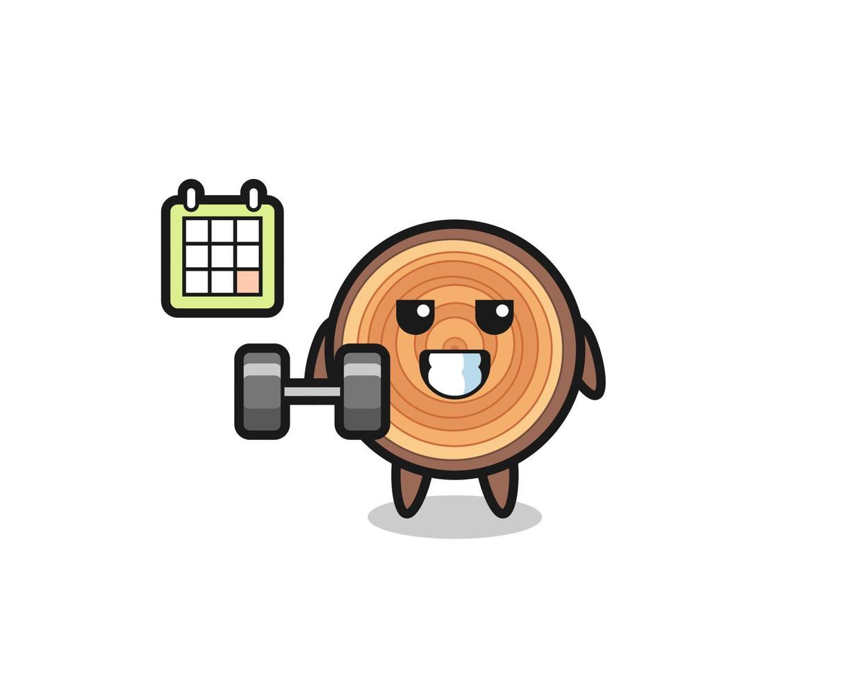 wood grain mascot cartoon doing fitness with dumbbell vector