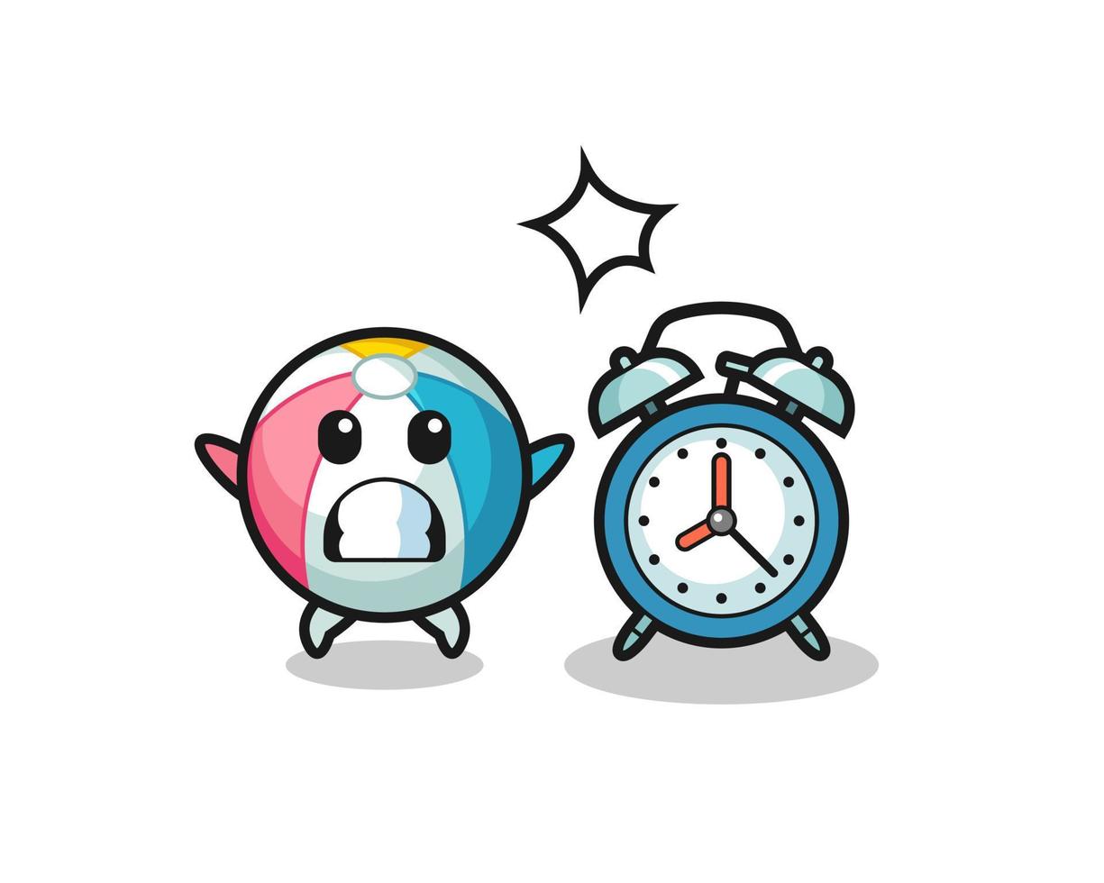 Cartoon Illustration of beach ball is surprised with a giant alarm clock vector