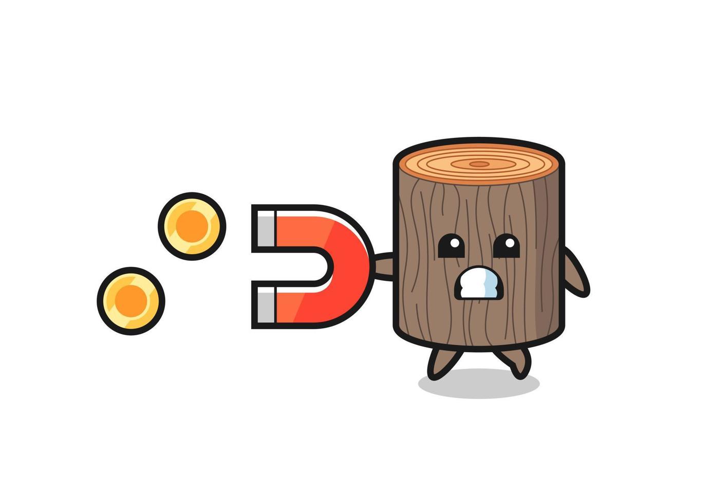 the character of tree stump hold a magnet to catch the gold coins vector