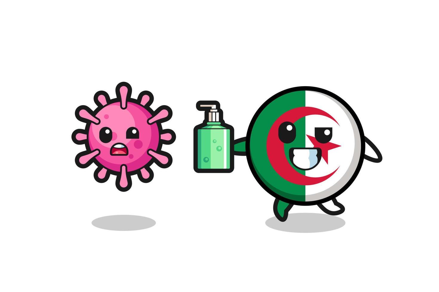 ilustración del personaje de la bandera de argelia persiguiendo el virus malvado con desinfectante de manos vector